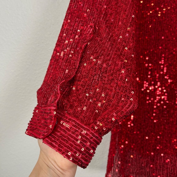 Calvin Klein women plus size 2X fully sequin top red long sleeve snap closure - Picture 10 of 14